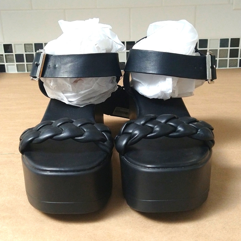 New with Tags, Forever 21 Black Wedge Sandals with Silver Buckles in size 7